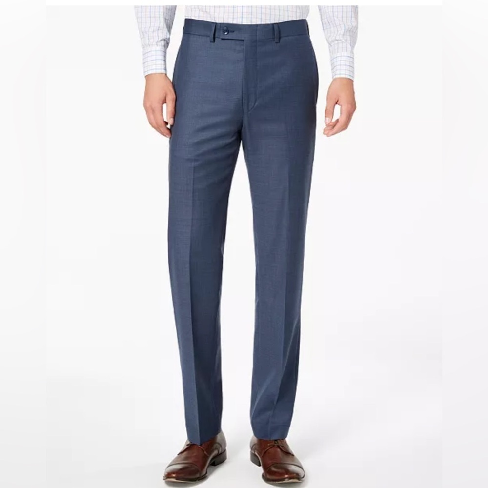 Calvin Klein Mens Slim-Fit Solid Dark Blue Polyester Brand Dress Pants 42W x 32L